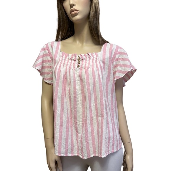 Draper James RSVP Blouse Linen Cotton Top Shirt Flutter Sleeve Shirred Smocked - Picture 3 of 16